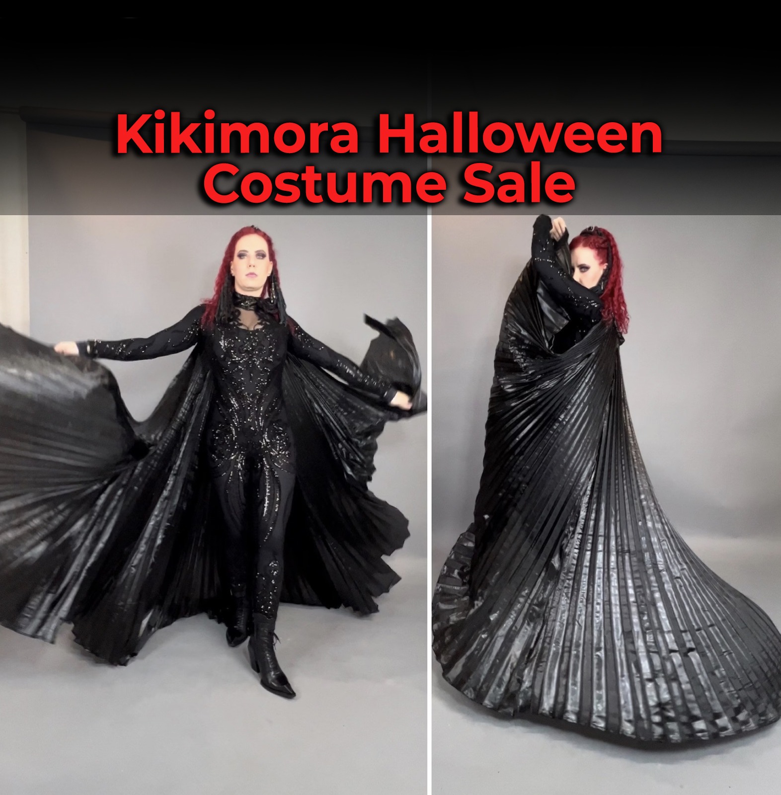 A model wearing a black halloween costume with red hair and the phrase 