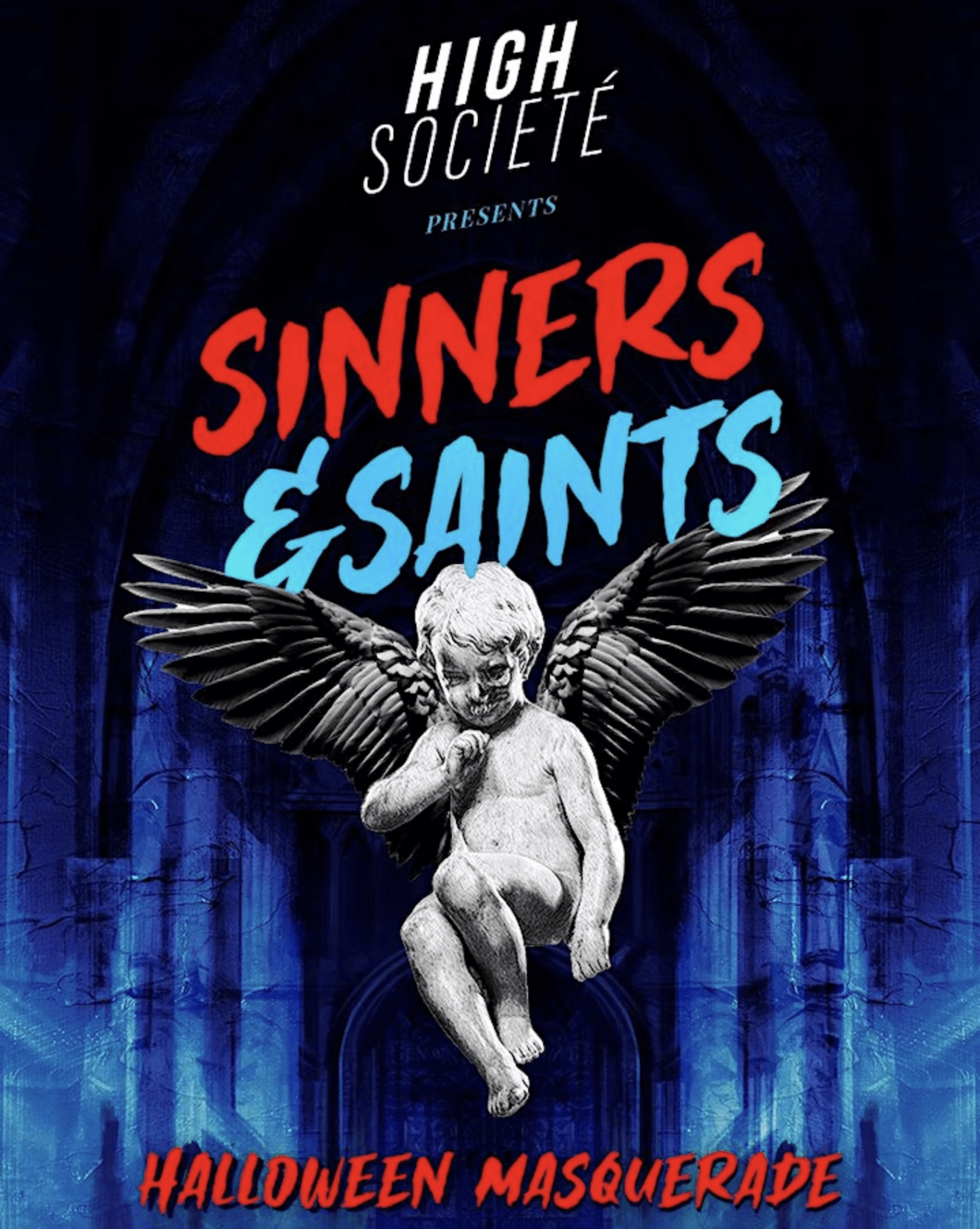 picture of a white angel baby statute with the title "Sinners & Saints