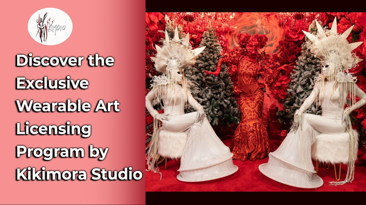 a pictur of a scene with a red rose ,and two white snow queens characters with the title "Discover the Exclusive Wearable Art Licensing Program by Kikimora Studio"