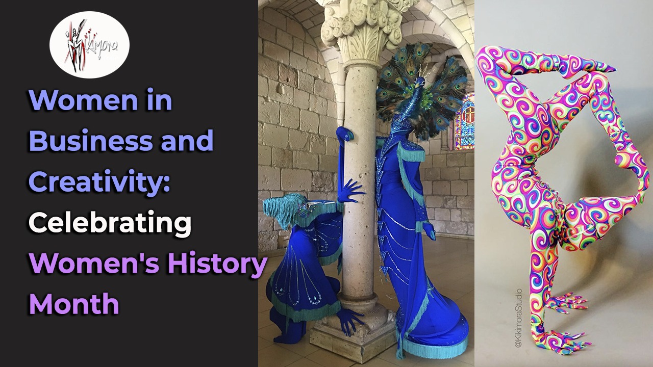 a picture of two peacock characters and a geometric colorful form with the title "Women in Business and Creativity: Celebrating Women's History Month"