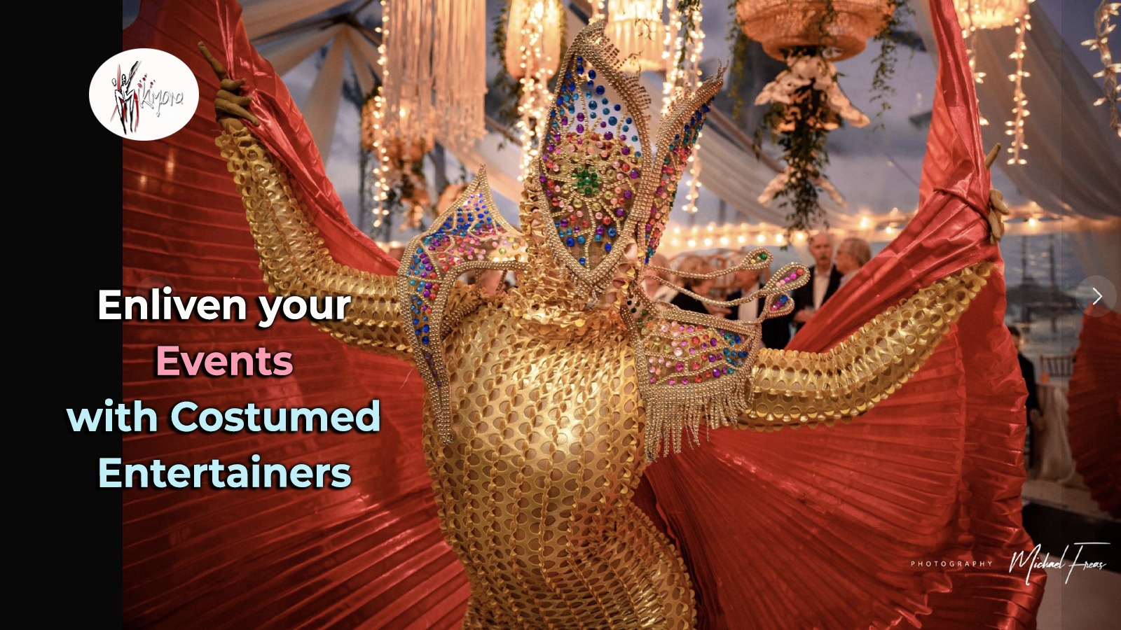 A picture of a gold shine costume performer with the title "Enliven your Events with Costumed Entertainers"